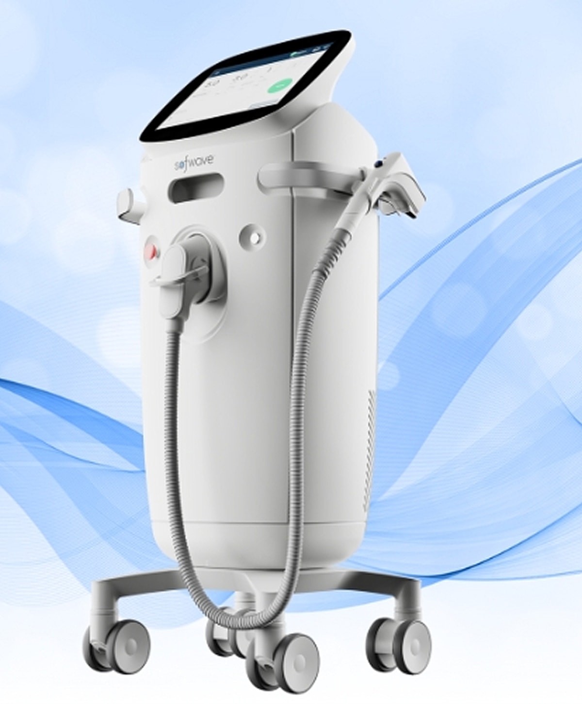 Medical aesthetic device on wheels with touchscreen.
