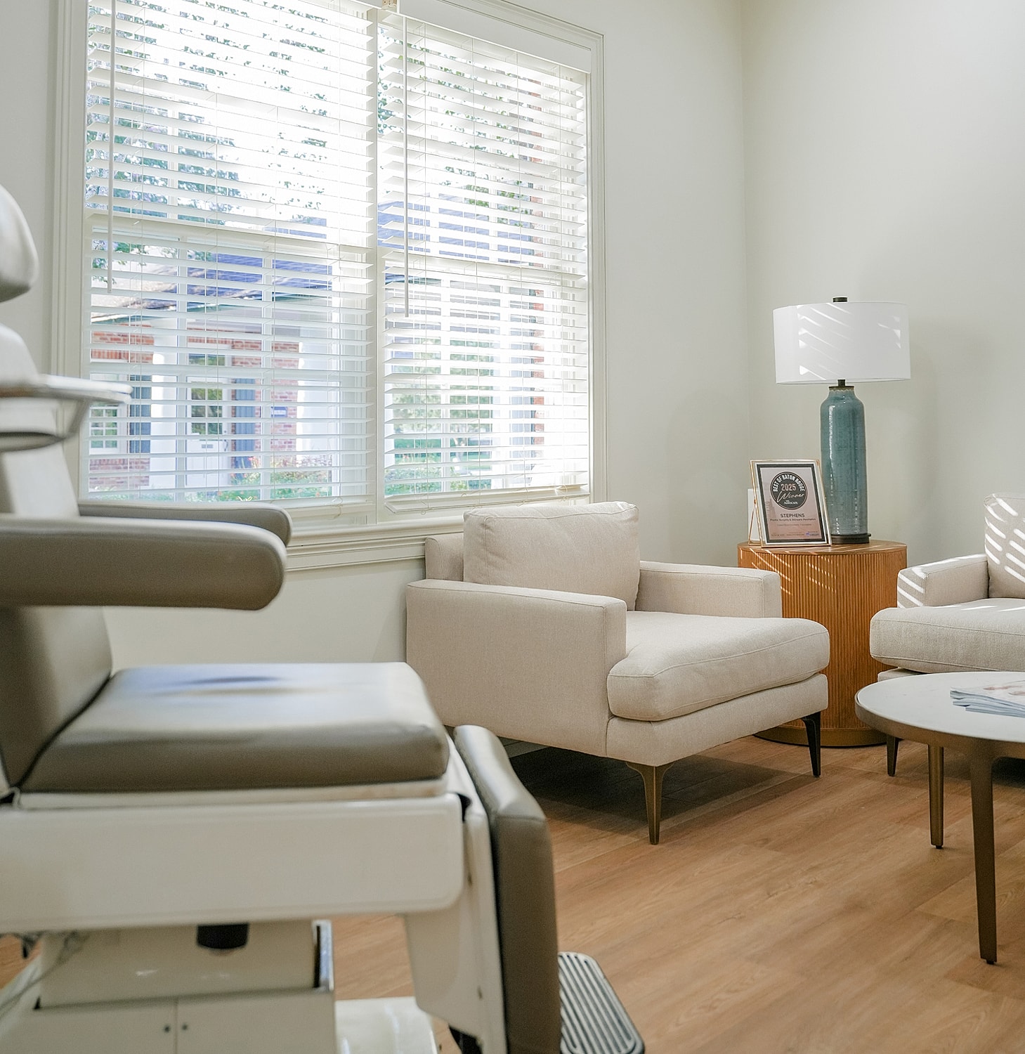 Bright, modern waiting area with comfortable seating.