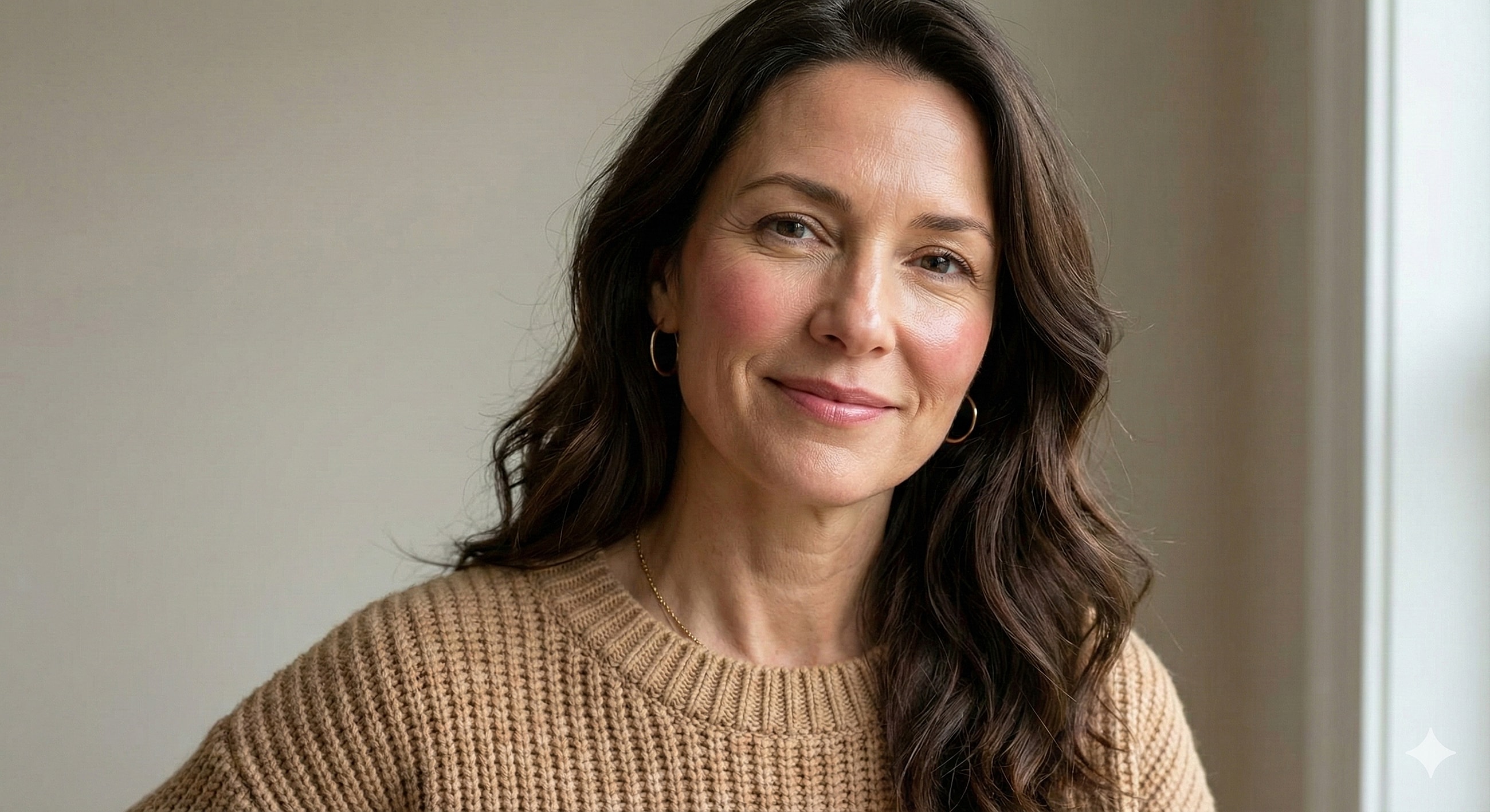 Smiling woman in cozy sweater, natural lighting.