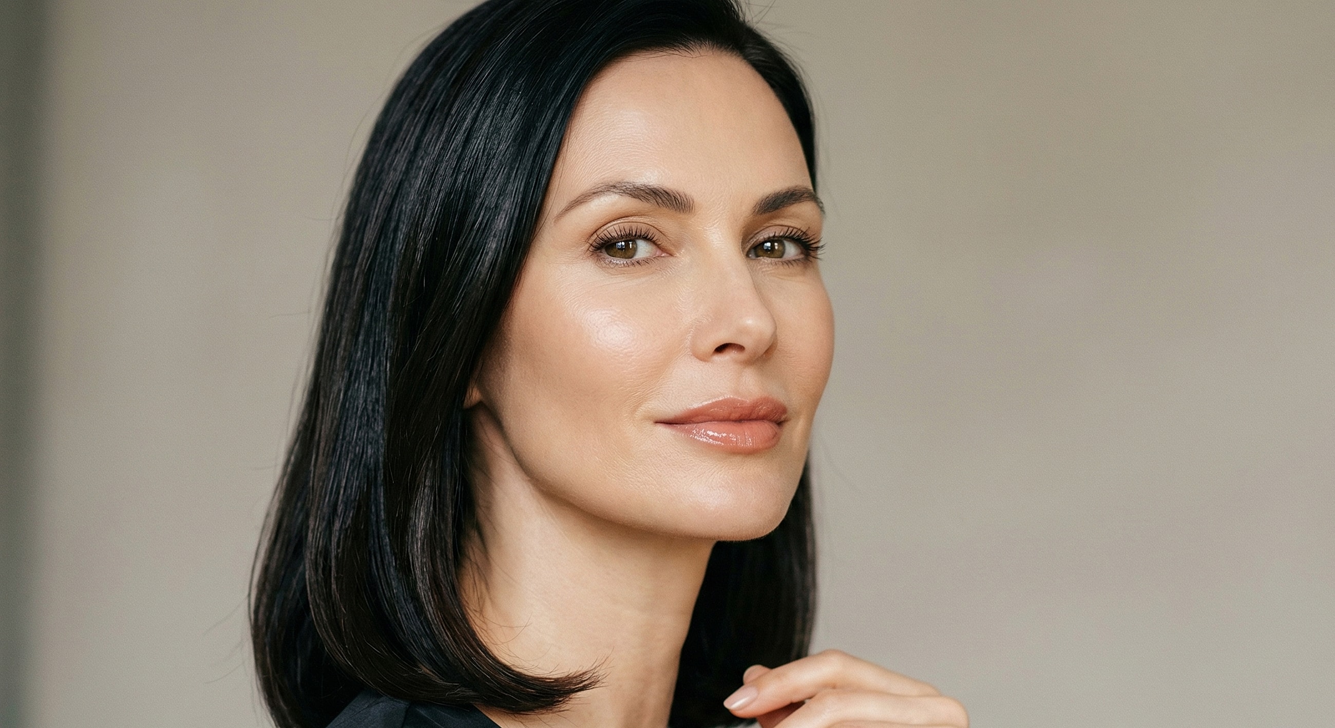 Woman with sleek hair and natural makeup.