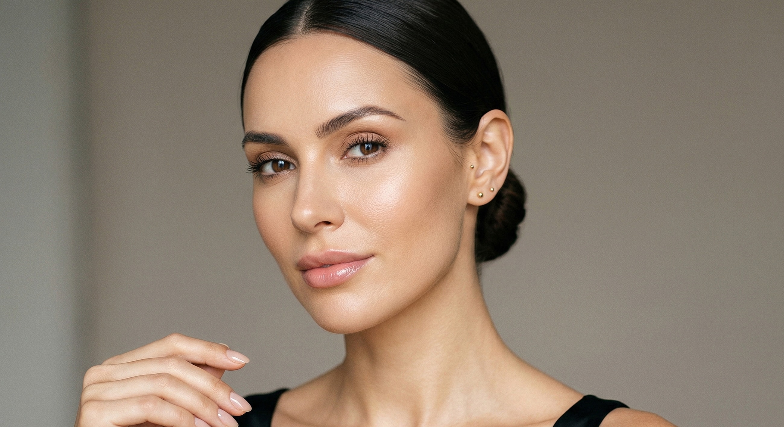 Woman with elegant hairstyle and natural makeup.